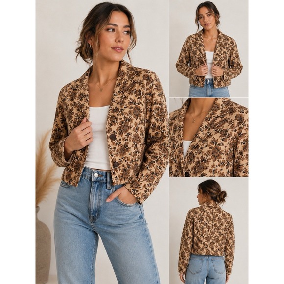 Free People Jackets & Blazers - Free People Women's Floral Cropped Blazer Jacket Brown Beige Button Front Size M